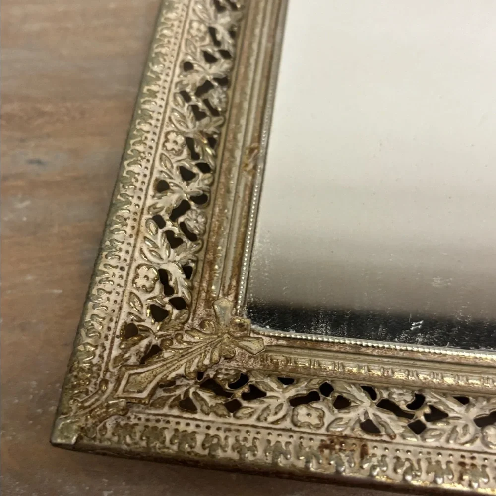 Vintage Glass Vanity Mirror Tray Gold Metal and Glass